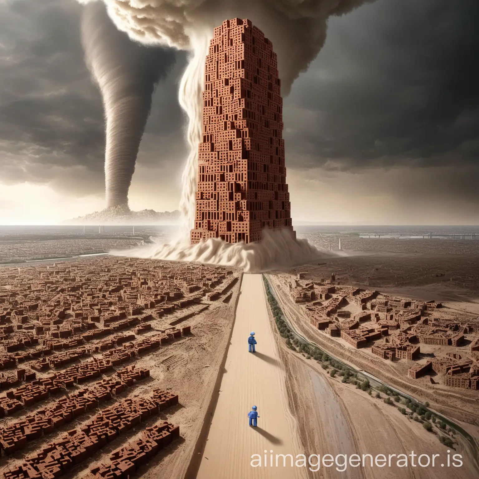 in this image there is a kind of brick construction which has the shape of the word: 'BRICK', HD quality, the Seine takes place in a desert, the construction is about 100 m high, there is a tornado which stirs up dust, in the image there is also a man who is made from ESP32 computer card