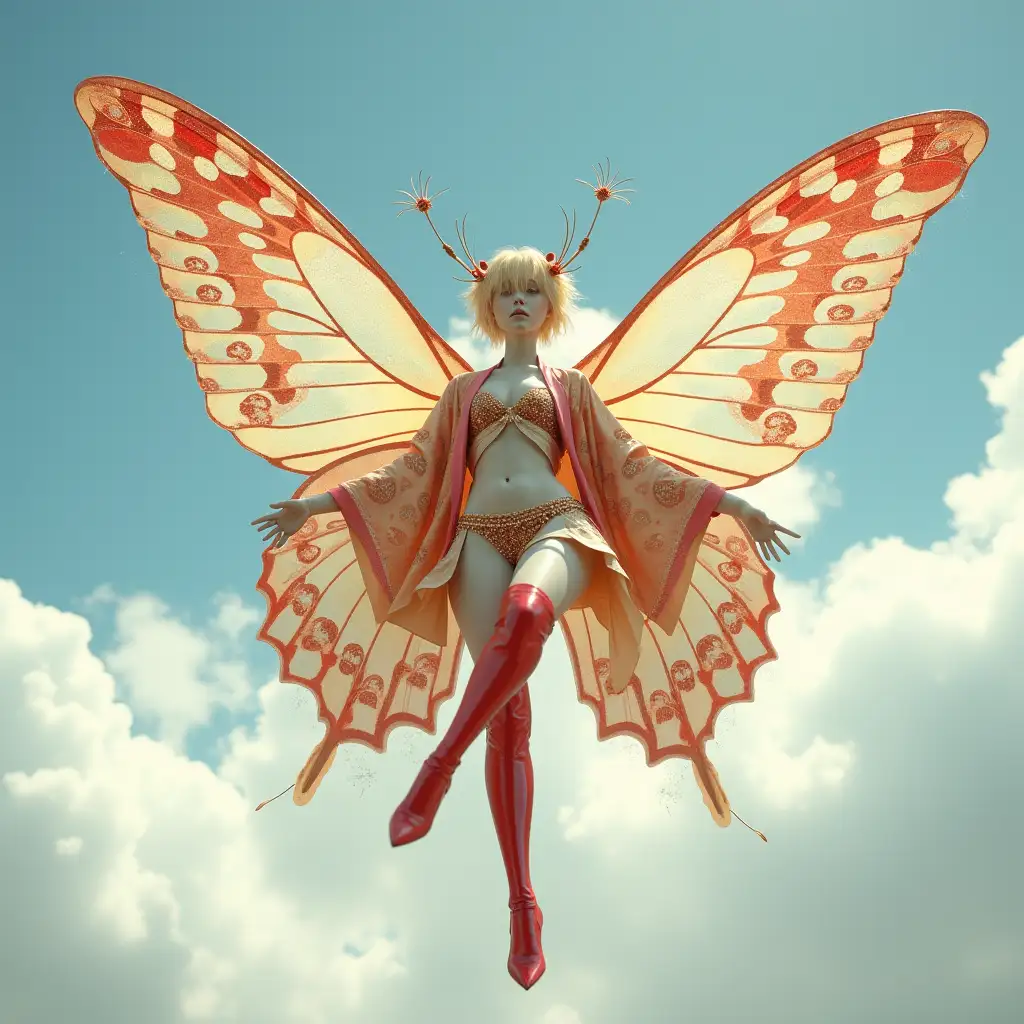 A photo of a blonde Japanese fairy with white skin. She is wearing a short peacock patterned kimono and red stiletto thigh high boots with golden patterns. She also wears a garter belt. The fairy has long insect antennae and gigantic, shiny, iridescent, sparkling, transparent, peacock-patterned butterfly wings. She is flying in the sky between the clouds.