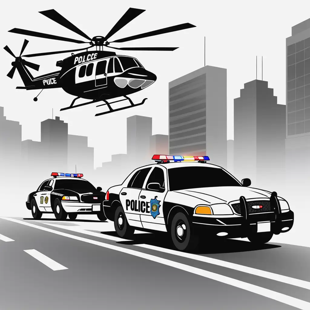 Cartoon Police Pursuit with New Cop Car and Helicopter
