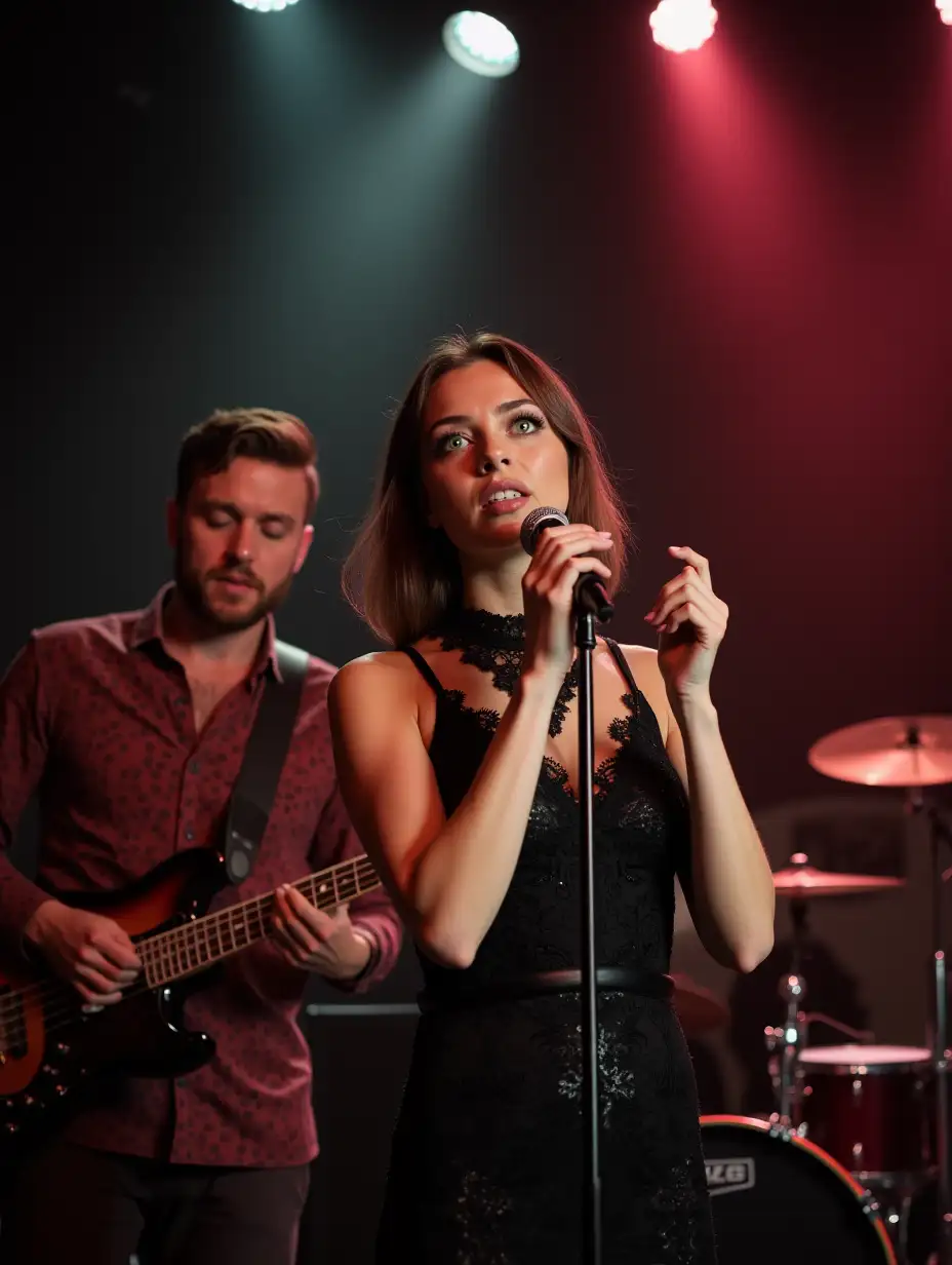 Musical group on stage with a bassist, a drummer and a very pretty singer with green eyes. The singer is seen very close while singing