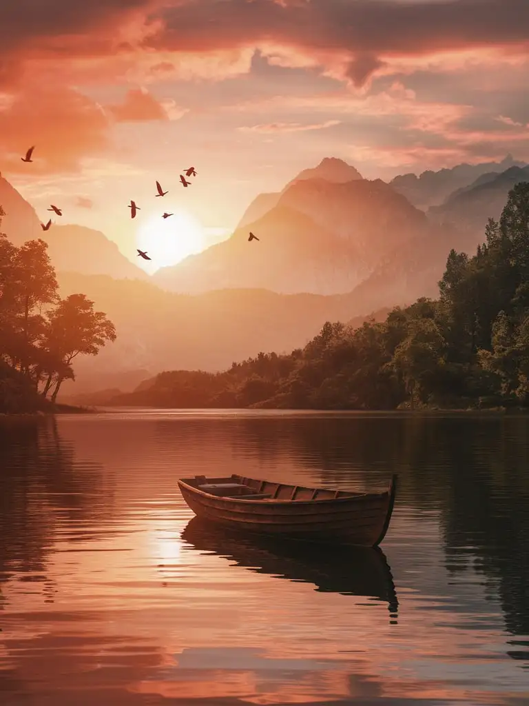 Tranquil Sunset Lake Scene with Boat and Birds