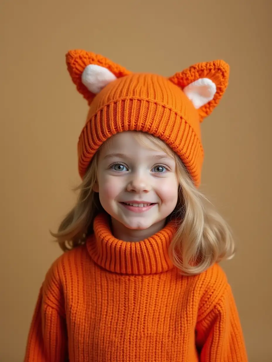 Girl in an orange warm sweater and a hat with fox ears