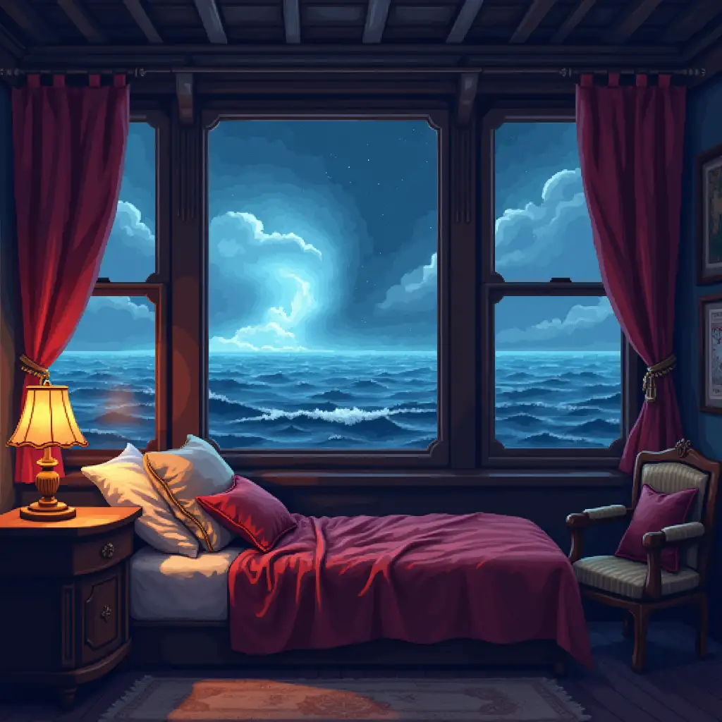 Make me a Background photo for a YouTube video of a captain of a ship sleeping in his captains quarters have the vibe be extra peaceful and provide lots of details of his lounge. Out his window show a storm in the ocean. Make it pixel art