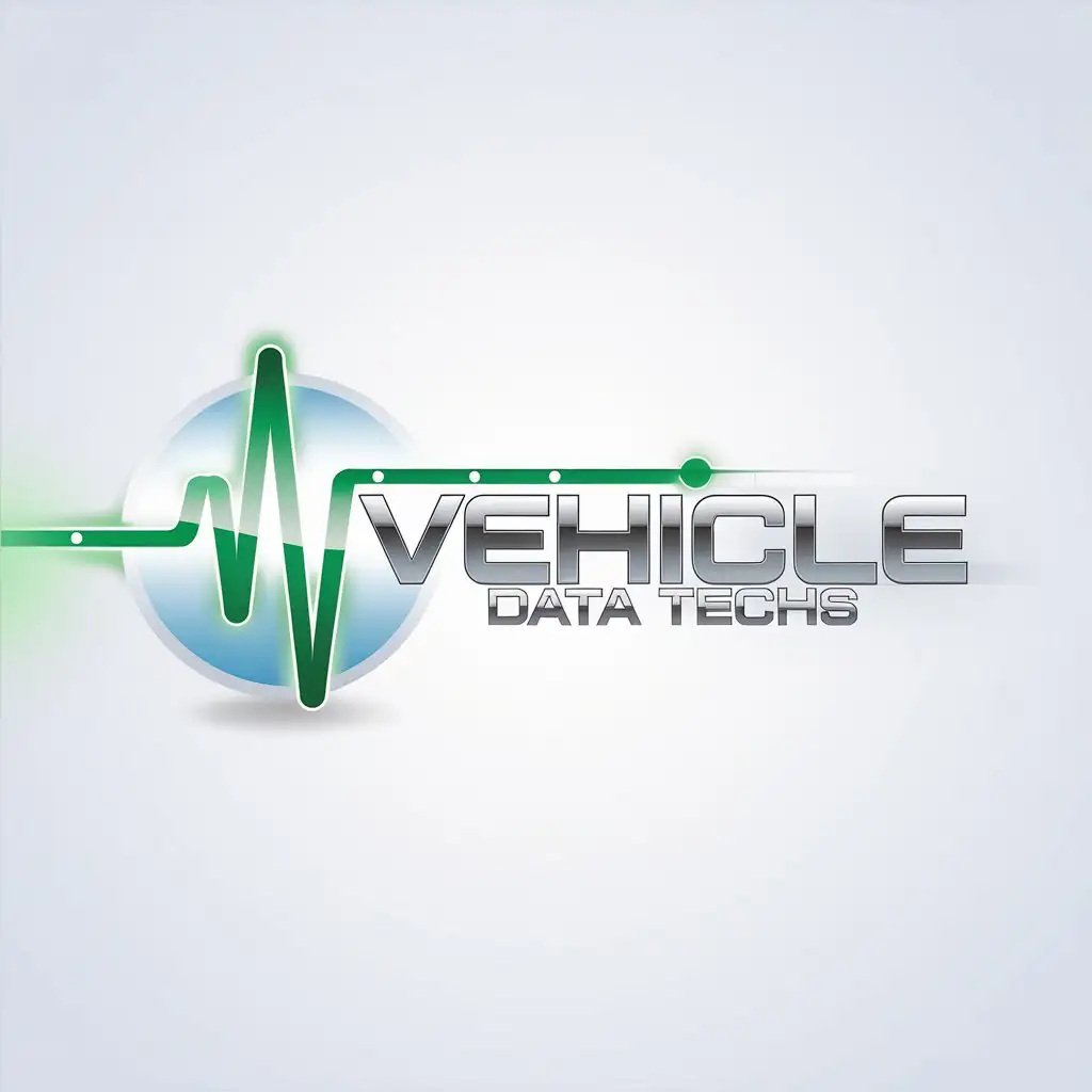 LOGO Design for Vehicle Data Techs Silver Text with Green Pulse Through the Letter I and Light Blue Accents