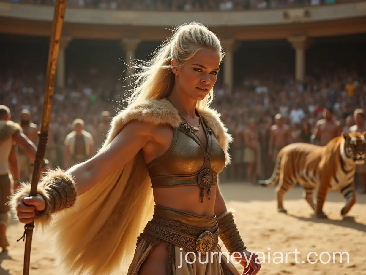 Blonde-Woman-Gladiator-Fighting-Bengal-Tigers-in-StoneAge-Arena