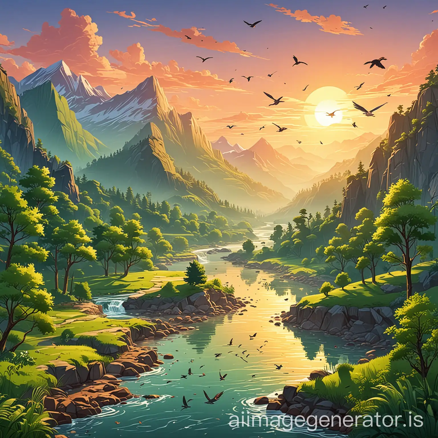 Peaceful-Sunrise-Over-Green-Trees-and-Mountains-with-Birds-Flying