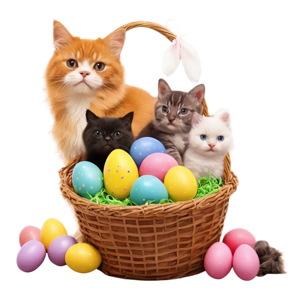 Realistic-Cats-and-Dogs-in-a-Basket-Surrounded-by-Easter-Eggs-PNG-HighQuality-Easterthemed-Image-for-Your-Projects