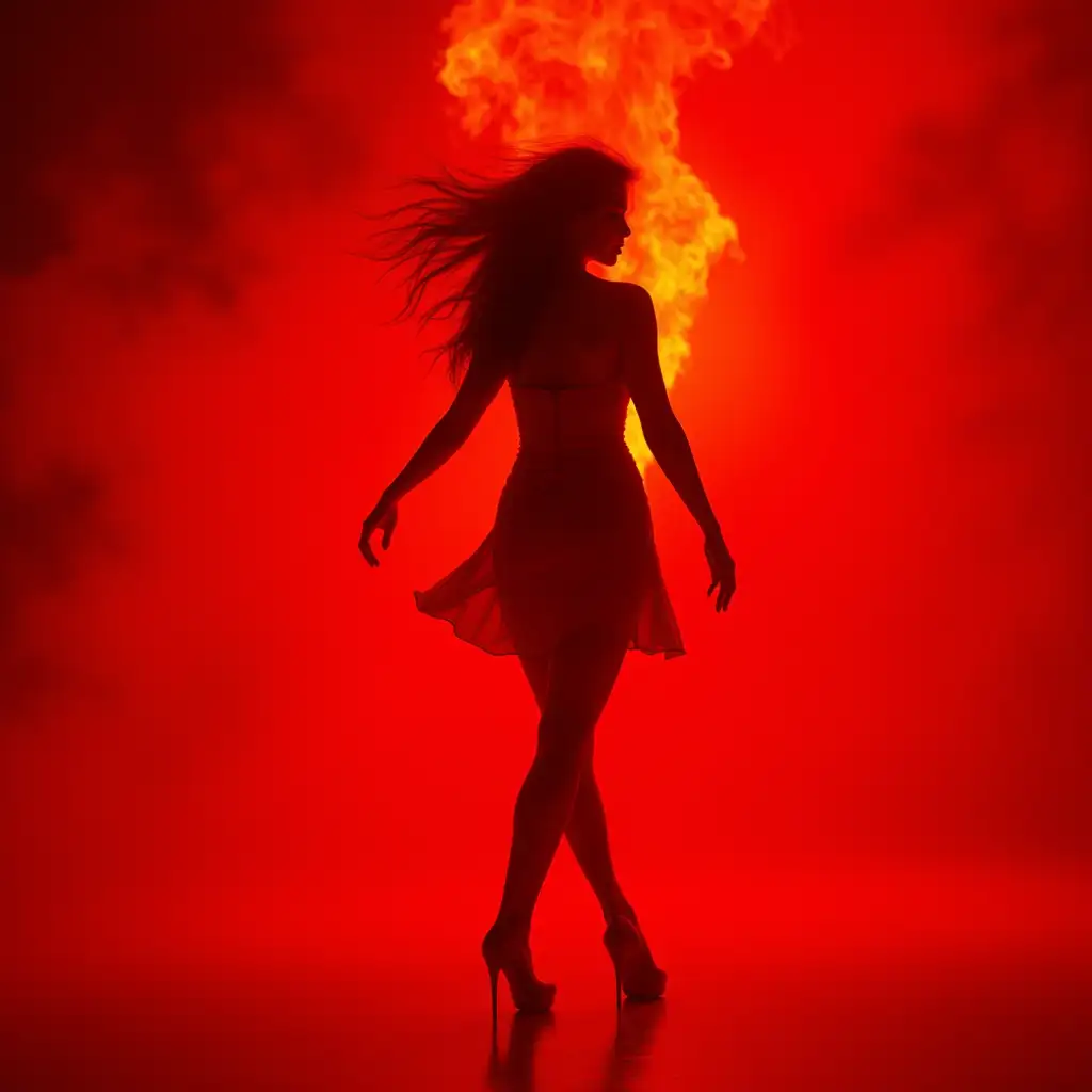 Sizzling Salsa Dancer Curvy Latin Beauty in Red Dress Amidst Fiery Flames