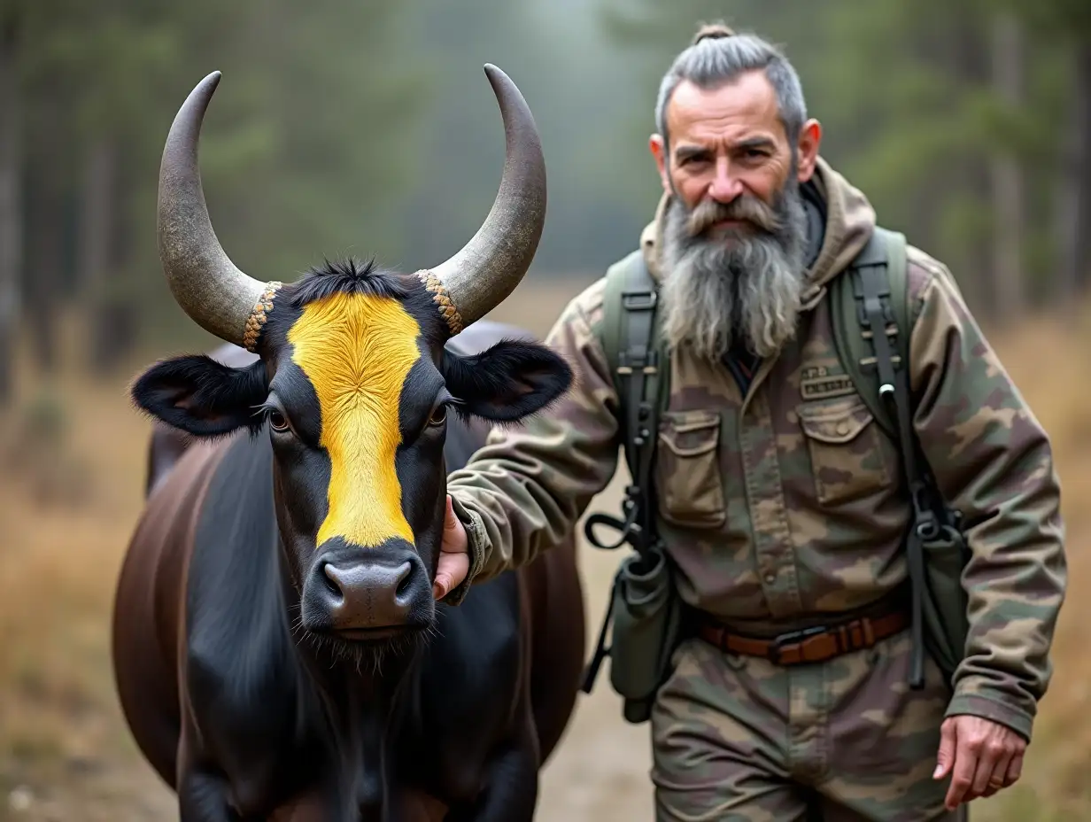 A grey bearded man in camouflage is leading a cow with a twisted horn, painted like a bee.