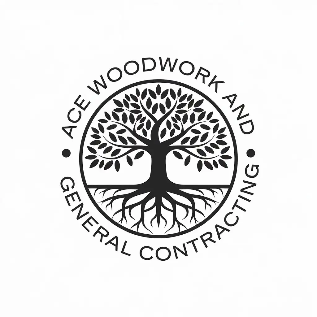 LOGO Design for ACE Woodwork and General Contracting Minimalist Black and White Design Featuring Tree and Woodwork Elements