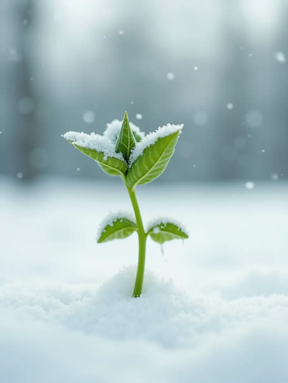 Sprout that climbed up over the snowy field