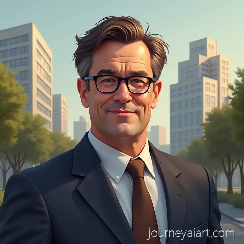 Mature-Man-inMature-man-portrait-oil-painting-Navy-Suit-with-Modern-City-Background-in-Oil-Painting-Style