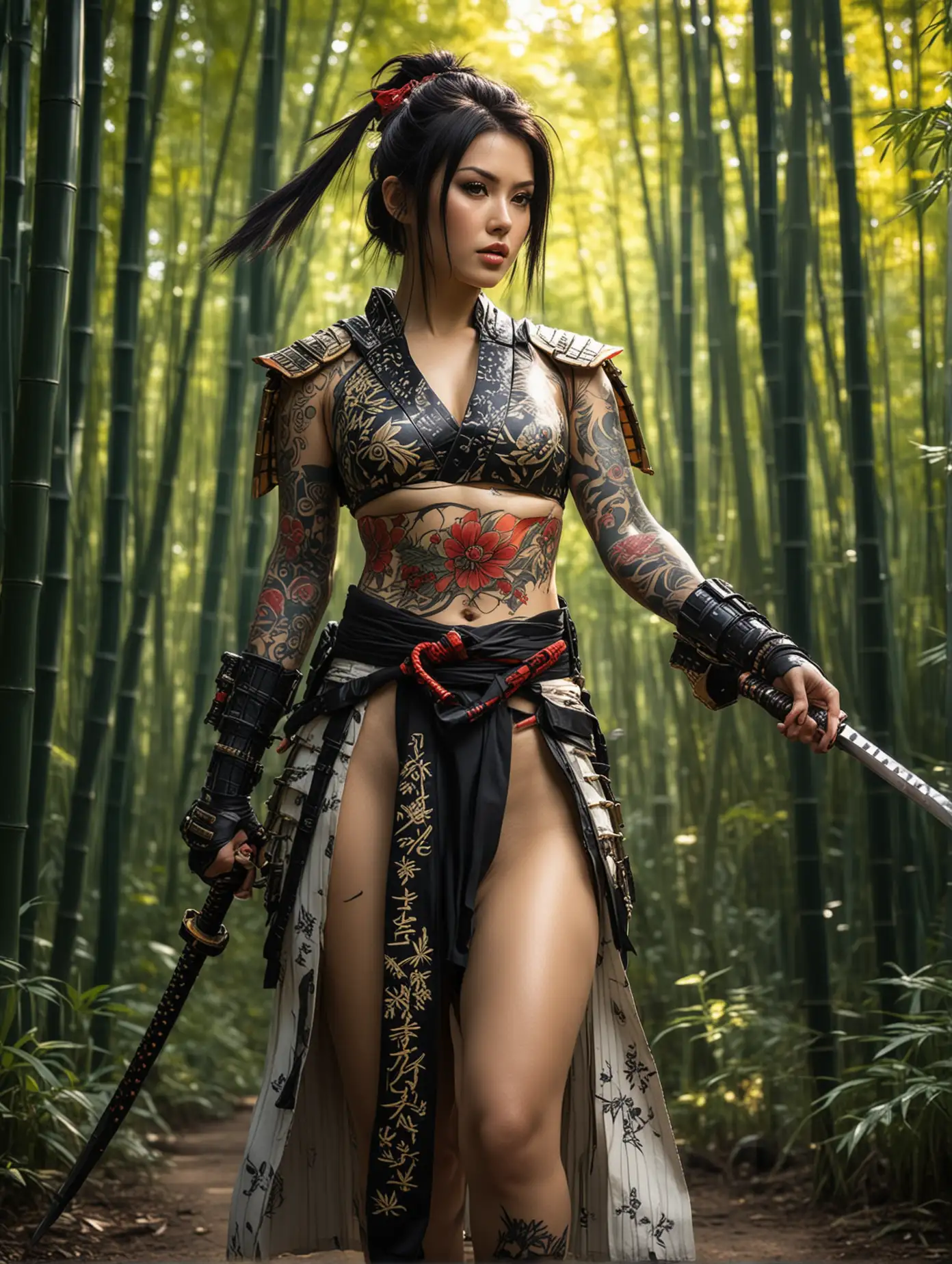 Maria Ozawa was cosplaying as ashigaru warrior, carrying a katana, walking graceful and elegant, The background is a vibrant deepest bamboo forest with bright hues, light ray tracing of sunshine, elegant, graceful, She has a large tattooed across her chest, giving the overall composition an edgy feel.