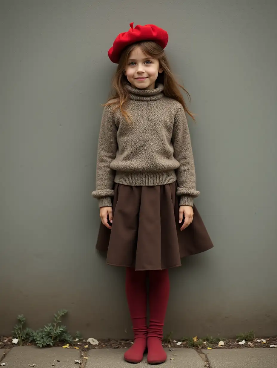 10YearOld-Girl-in-Woolen-Sweater-and-Red-Beret-Standing-by-Grey-Concrete-Wall