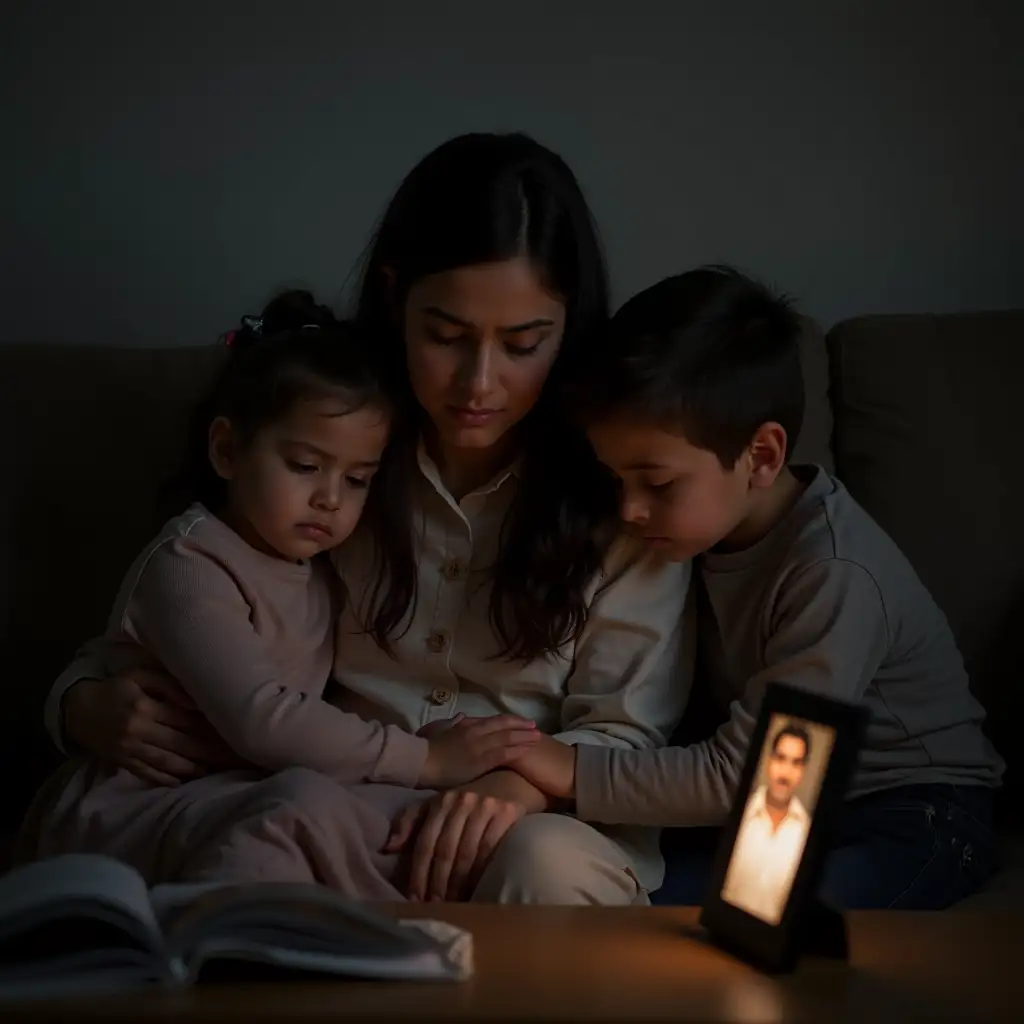 Create an emotional scene of a  indian punjabi mother, deeply sorrowful, sitting on a couch with her 5-year-old son and daughter by her side. The children, also visibly saddened, are hugging their mother, seeking comfort. The room is dimly lit, reflecting the somber mood. The mother gazes down with tears in her eyes, holding her children's hands as they all share the quiet pain of loss after the death of the father. The atmosphere is heavy with grief, with a family photo frame on the table, showing the father, now gone.