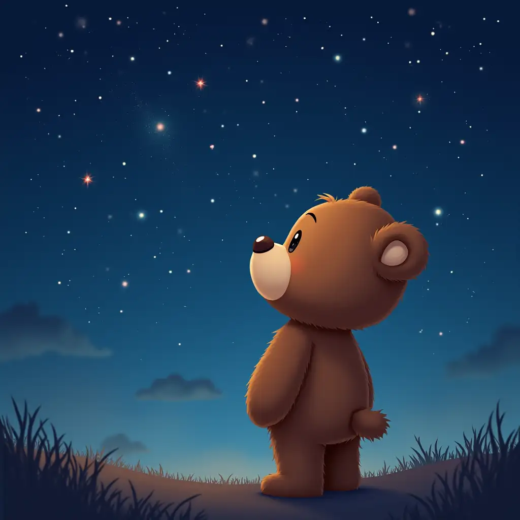 A cute teddy bear cartoon character similar to a human, looking at the starry night sky