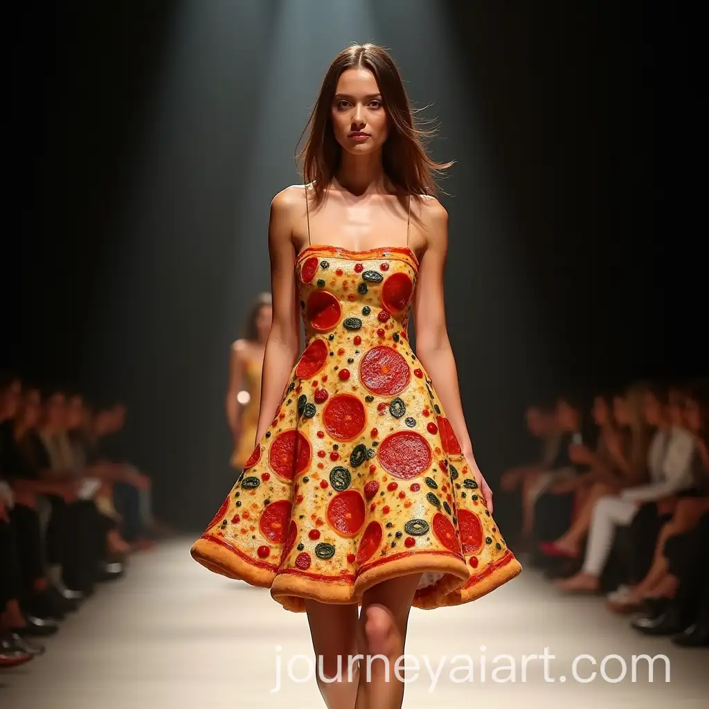 Woman-Strutting-in-a-Pizza-Dress-at-an-Italian-Fashion-Show