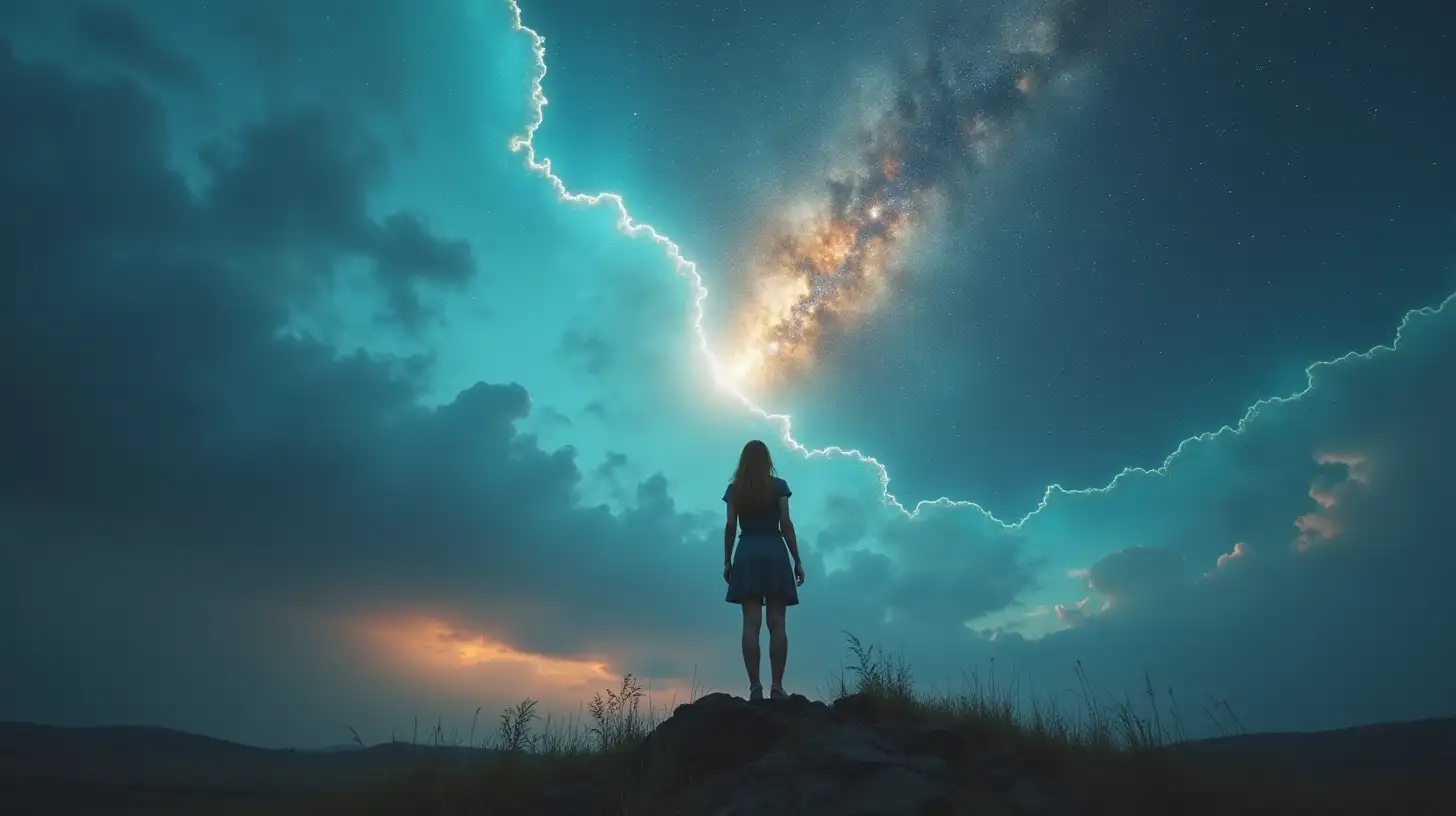 Woman Manifesting Reality with Telepathy Against Dramatic Sky