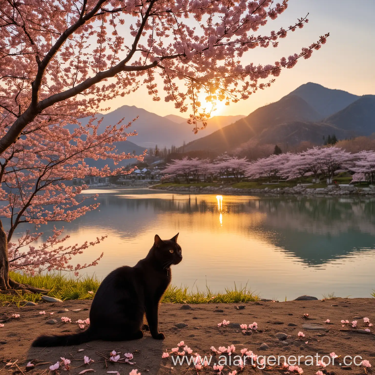 Black-Cat-Under-Cherry-Blossom-Tree-at-Sunset-by-Lake