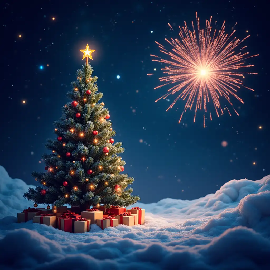 New-Years-Eve-Celebration-with-Space-Theme-Christmas-Tree-and-Fireworks