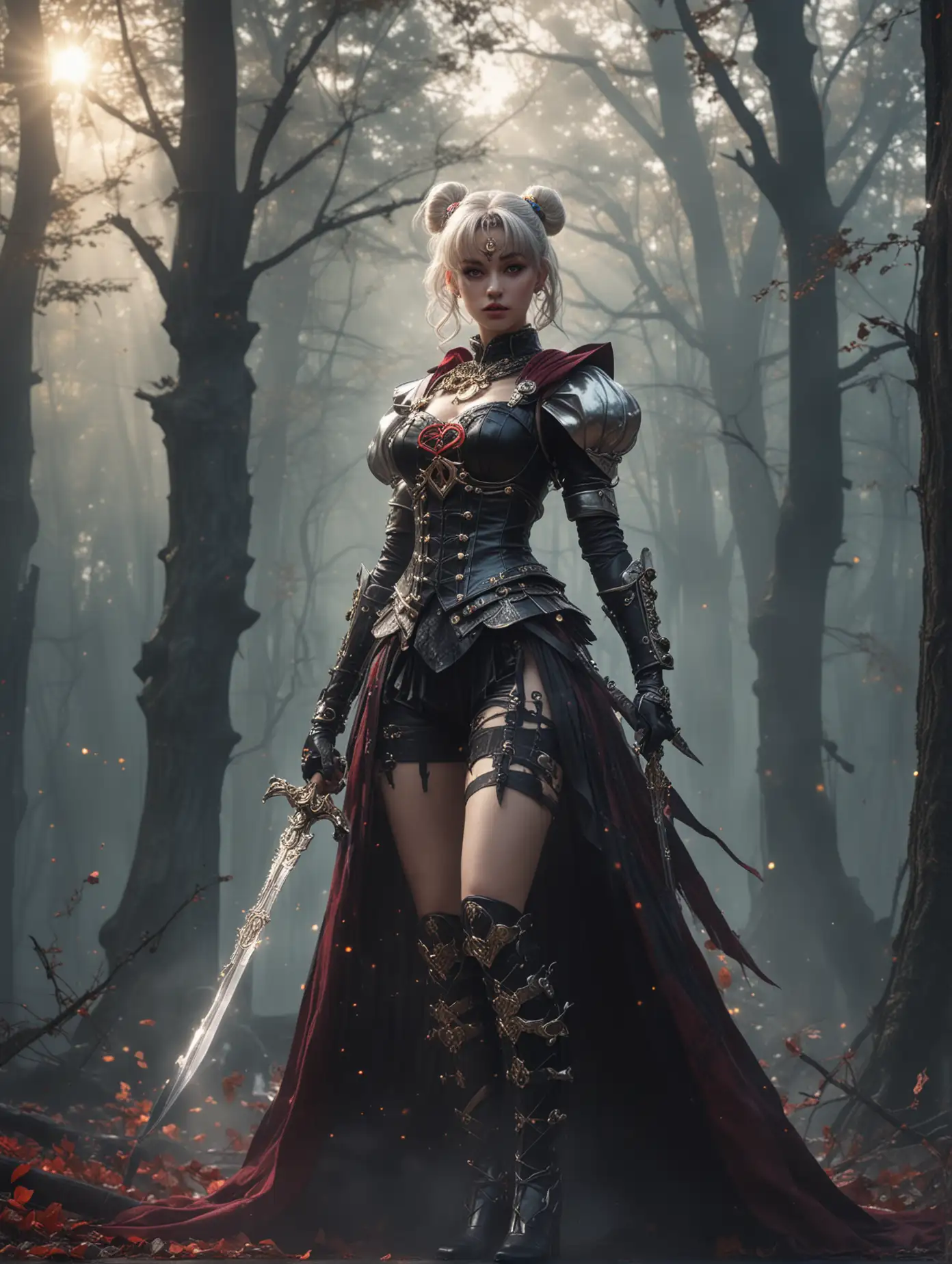 Eye level view, 1:5, Mystical Sailormoon knight in gothic attire, baroque punk style, holding long sword in dynamic fighting pose, elaborate, amazing cleavage, background enchanted fairytale forest with amazing raytracing of sunshine, mystical fog effect, fantasy art