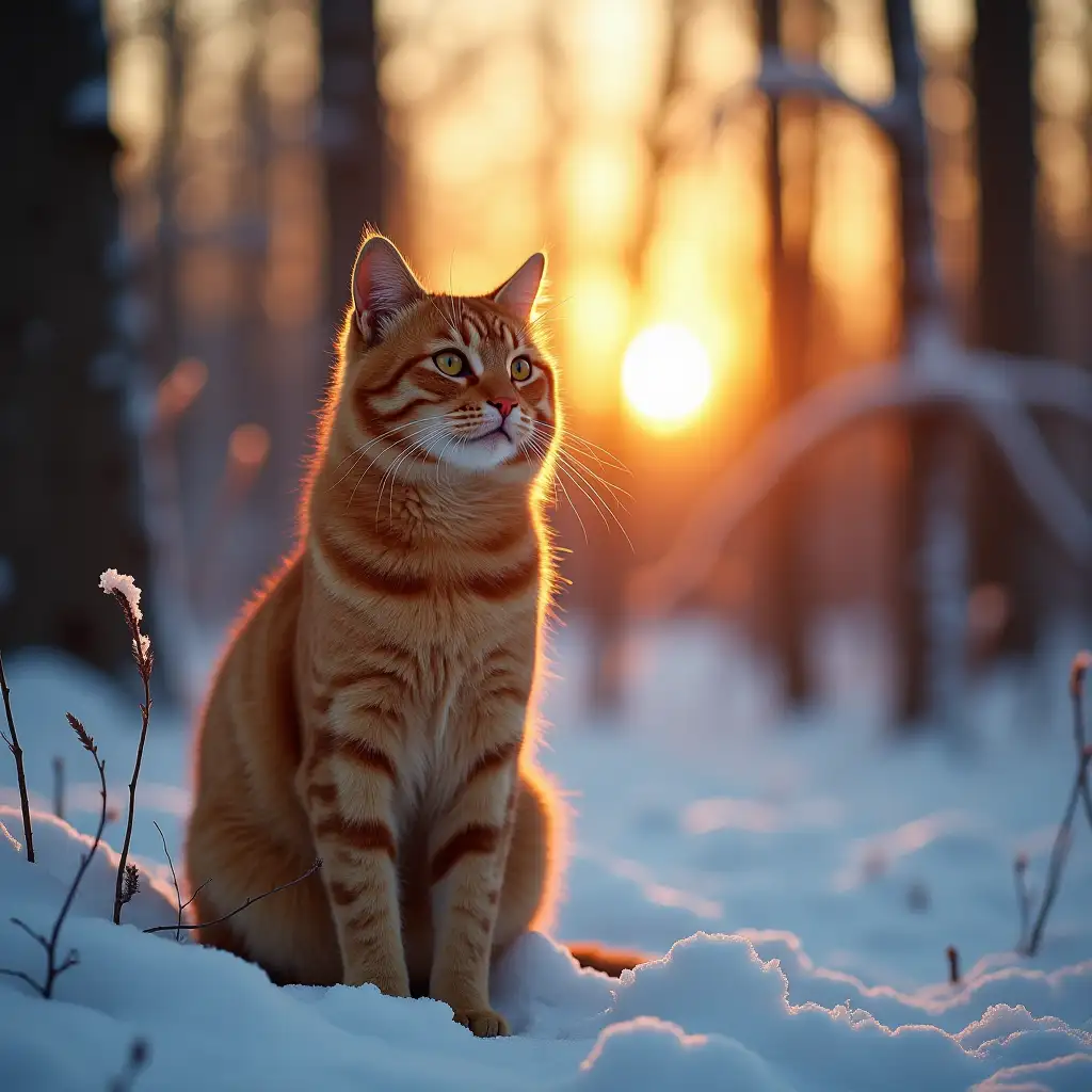 Red-Cat-in-Winter-Forest-at-Sunset-with-Film-Look