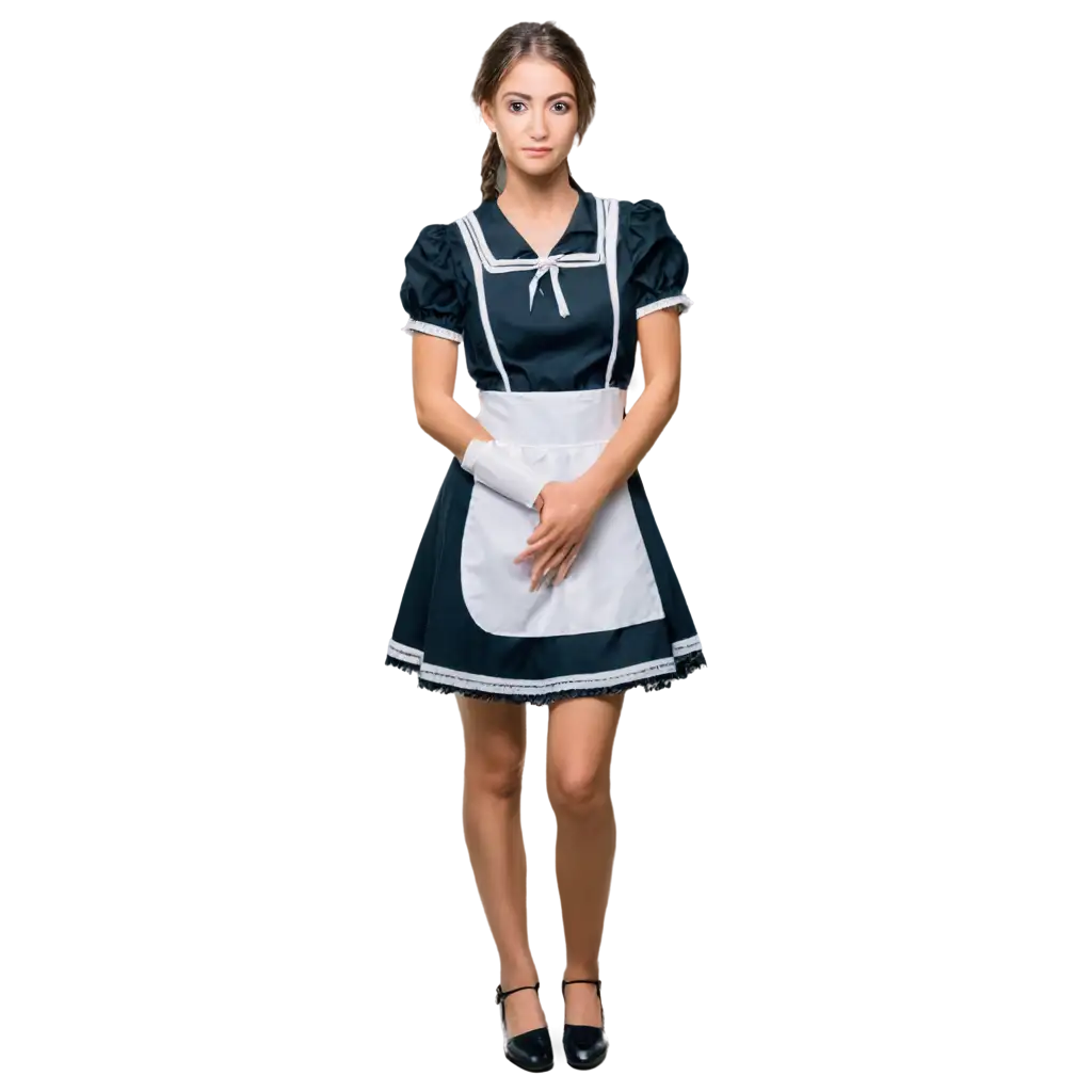 Girl. Hair in a bun. Dressed in maid uniform. Full body image.