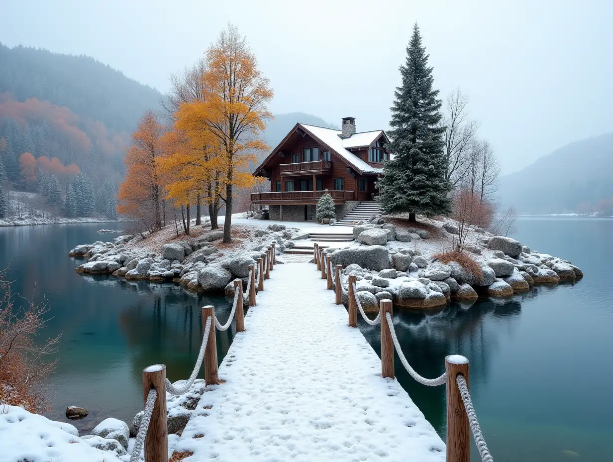 Autumn-Landscape-with-Chalet-on-Rocky-Island-Surrounded-by-Snow-and-Fall-Foliage