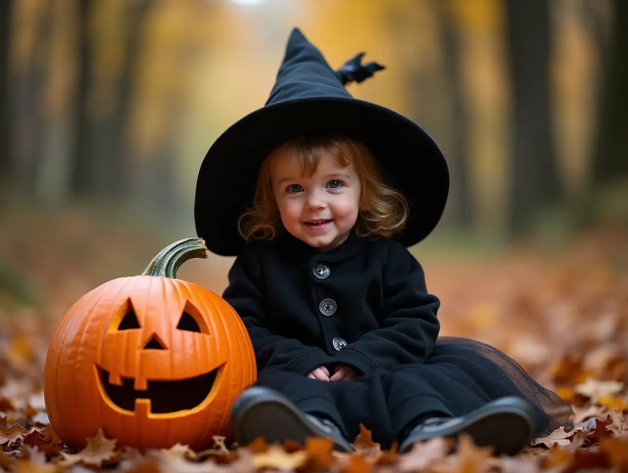 Child Wearing Black Witchs Hat Sits In The Fall Woods Next To Halloween Pumpkin. Halloween, Children, Witches, Black Costumes, Pumpkins, Fall, Woods, Magic