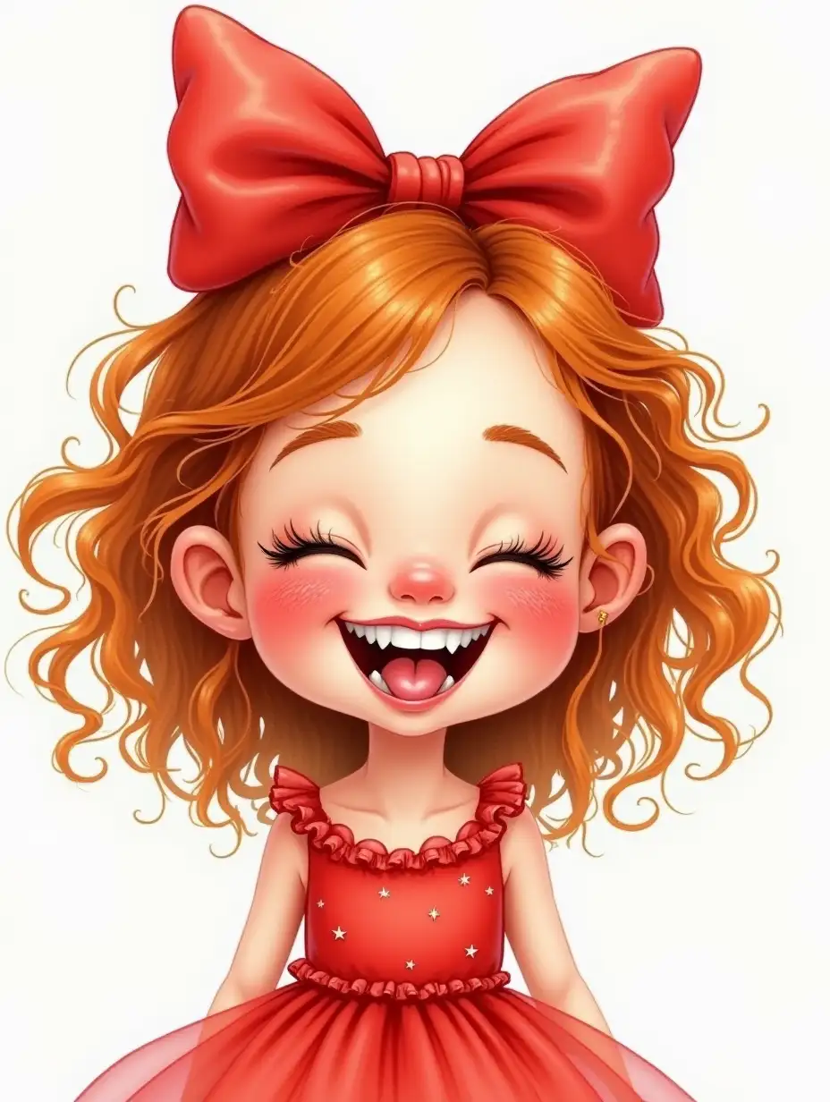 A caricatured tender funny girl in full growth, European appearance DreamWorks reddish curls, drawn eyelashes, closed eyes, rosy chubby cheeks with freckles, plump lips laughing. She has a big red bow on her head, dressed in a red fluffy airy dress with sparkles, funnysticking out her tongue teasingly making a face, ink drawing, 4k, high detail photorealistic airy realistic watercolor, photorealism, wide strokes, 