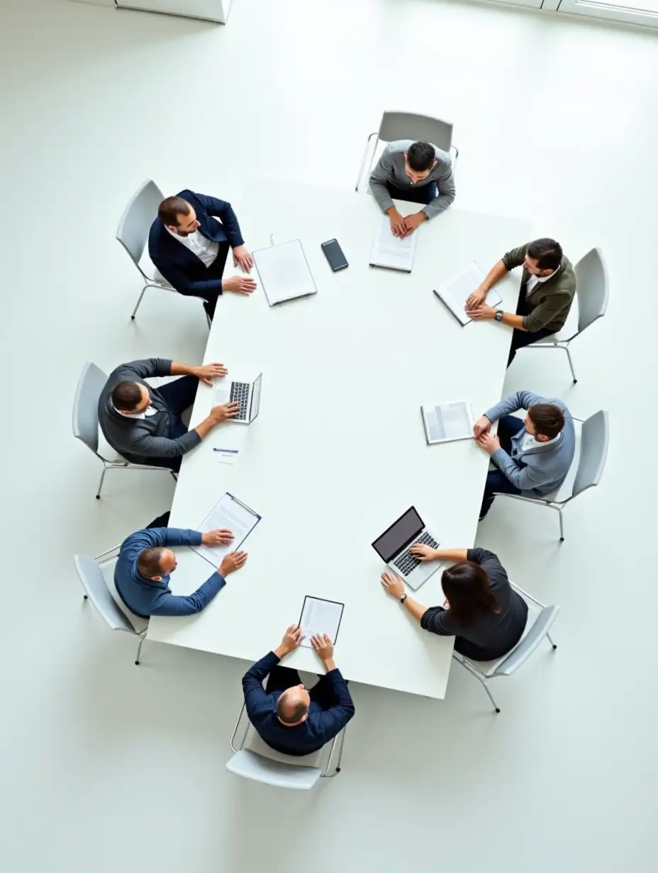 top view, angle directly from the ceiling, several men and women in random poses chaotically sitting at a large white desk in the office, chatting, white floor, bright light