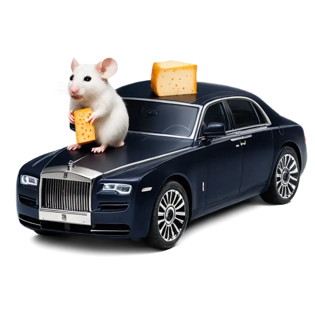 A Mouse Carrying cheese with a rolls royce next to it