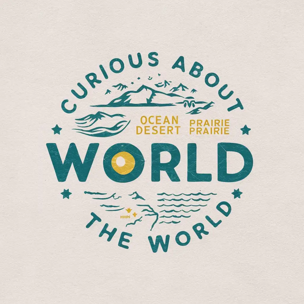 a vector logo design,with the text "curious about the world", main symbol:ocean, desert, prairie, mountains,Moderate,clear background