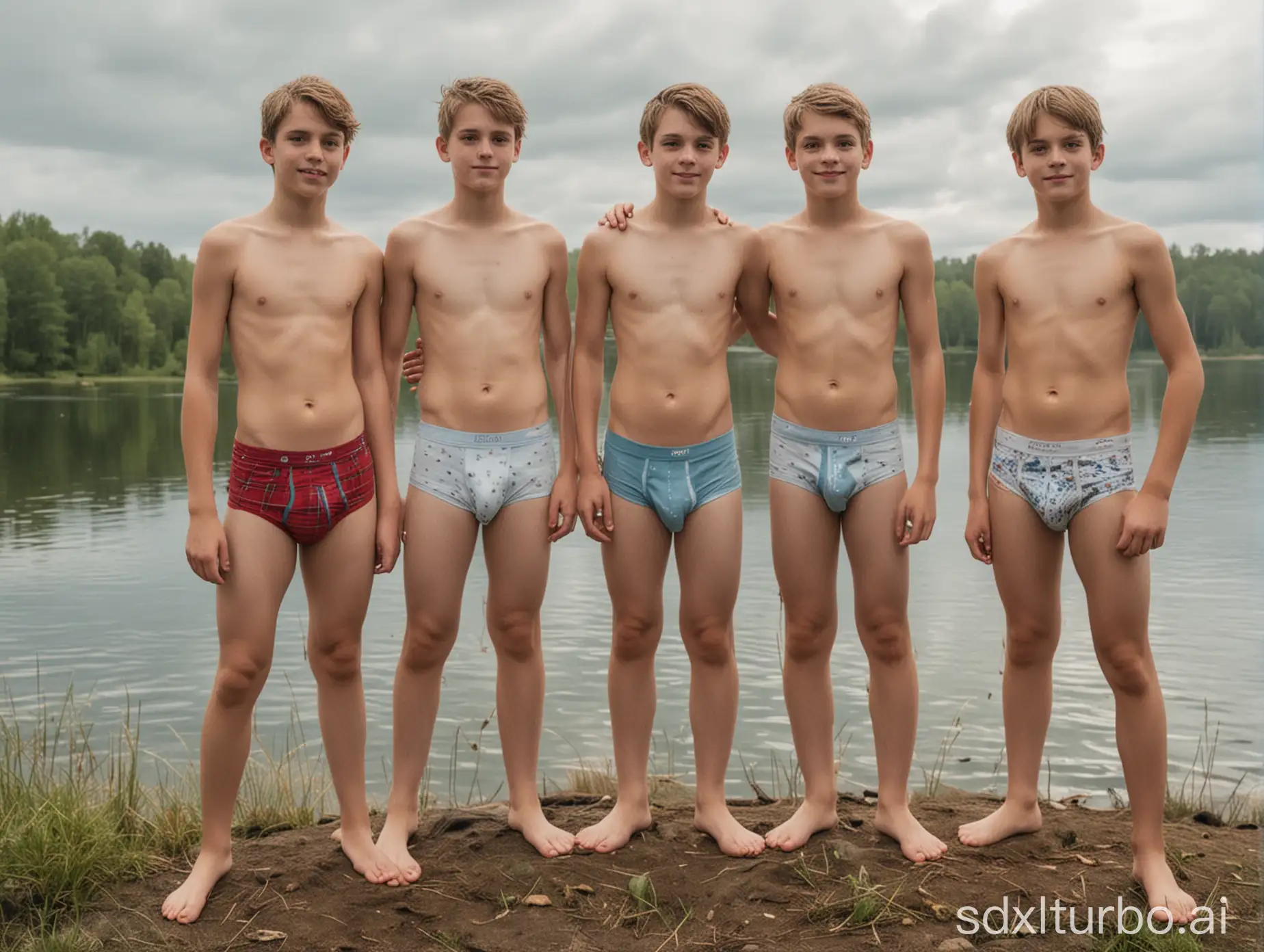 3 teen boys at standing by a lake wearing underwear on a cloudy day