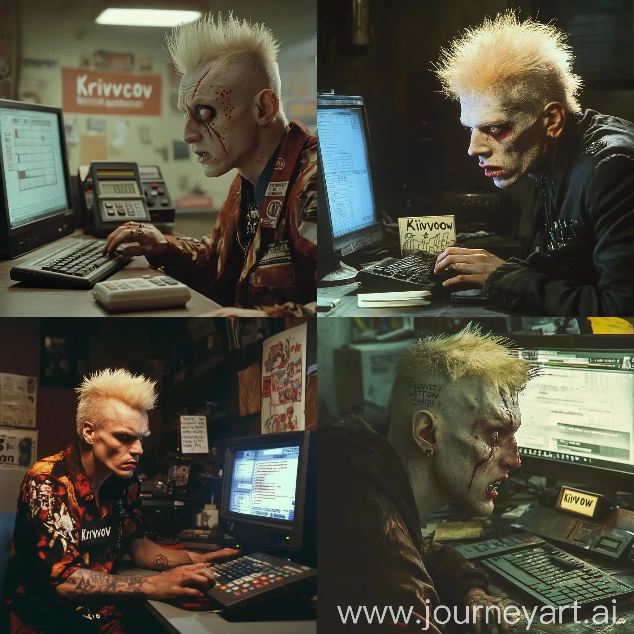 Man-with-Unusual-Hairstyle-and-Tobacco-Heating-Device-at-Computer-Desk