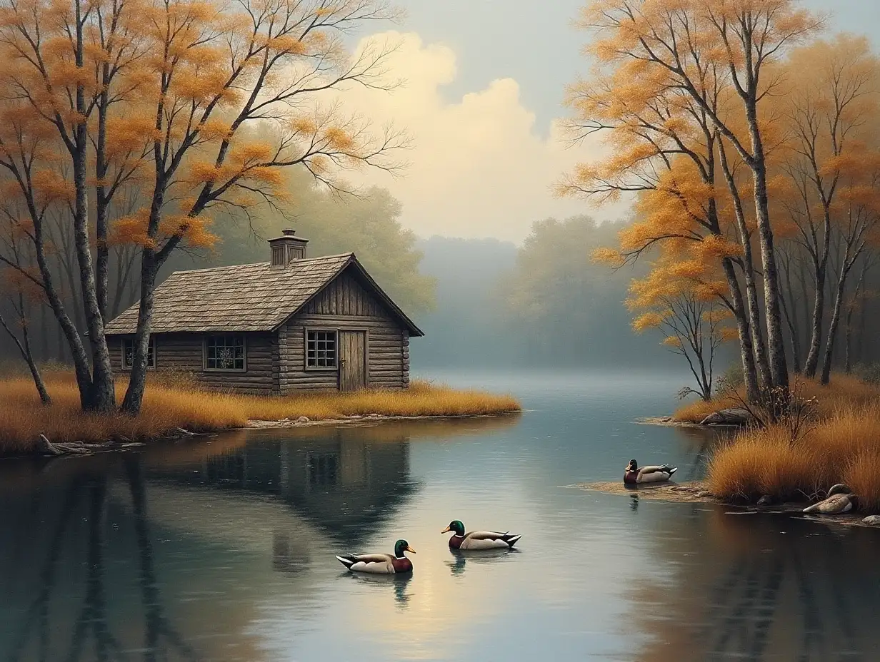 Weathered Cabin on Wooded Lake with Ducks