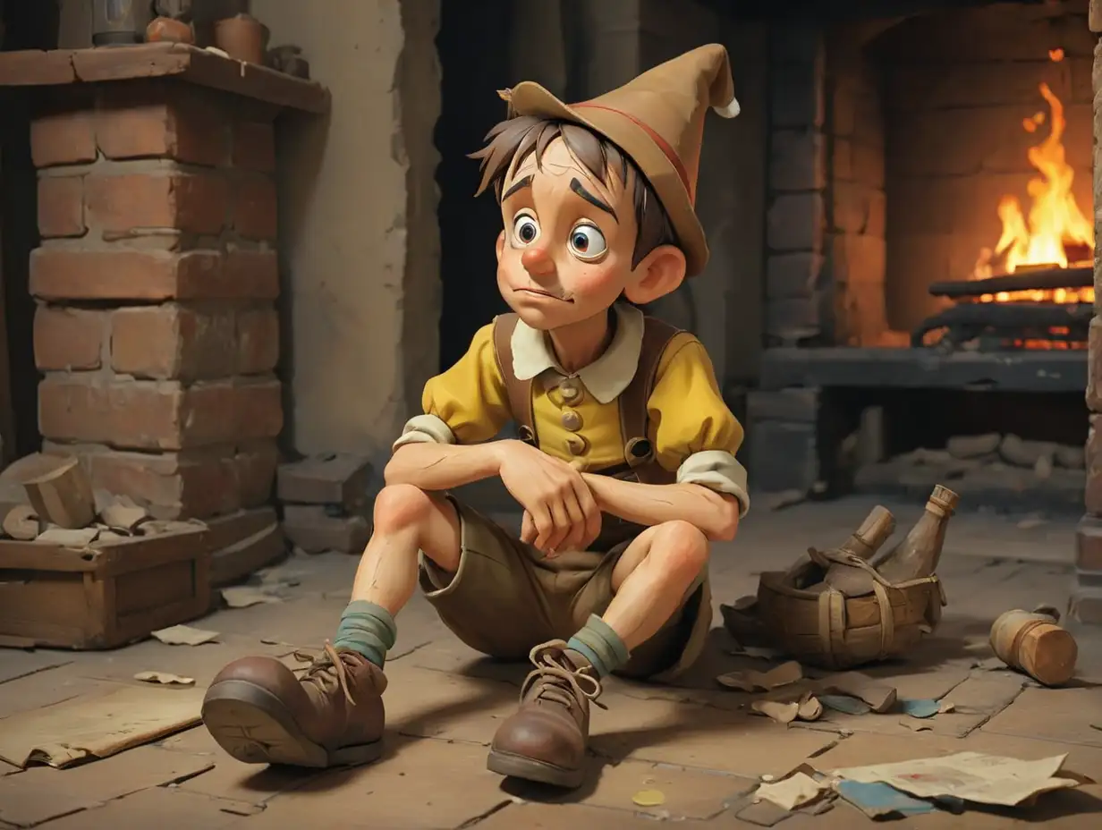 Sad Pinocchio is sitting on the floor by the fireplace painted on an old canvas