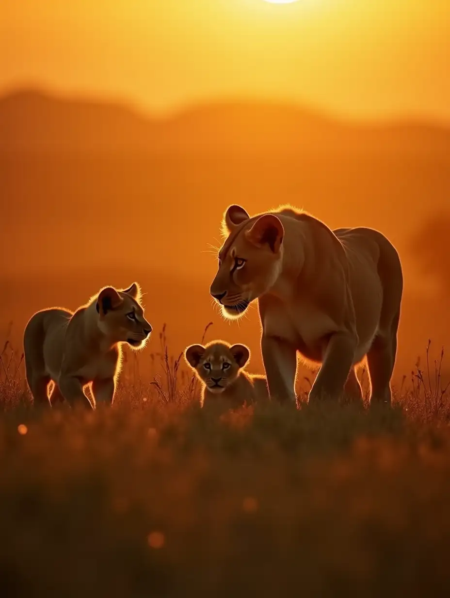 Lioness with cubs in a field, cinematic light, sunset, photography, iperrealistic