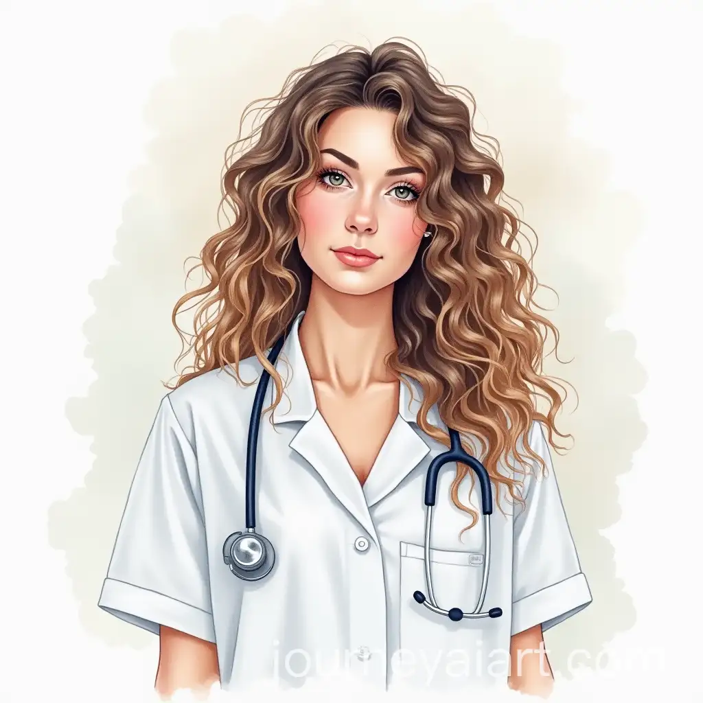 Delicate-Watercolor-Drawing-of-a-Female-Oncologist-with-Curly-Long-Hair-in-Radiotherapy-Oncology