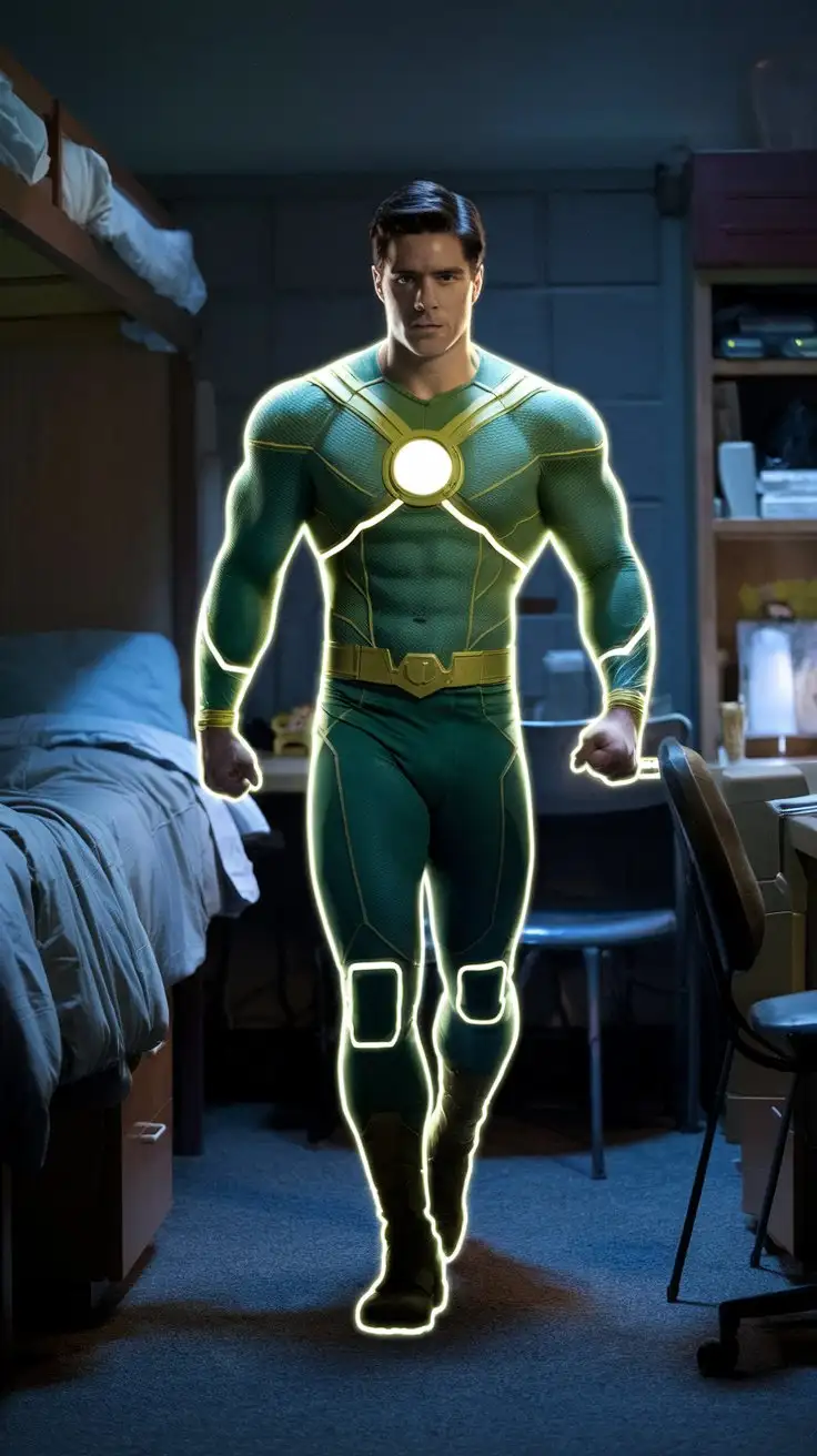 In a dorm room at night. A newly transformed superhero discovers his godlike super brawn for the first time.