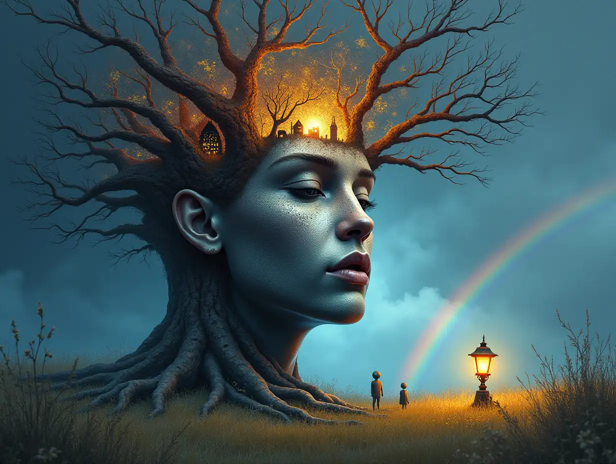 Creating a digital painting face with hair turning into building with silver stone and Illuminated trees with roots and lamp and alien beings on a meadow Rainbow