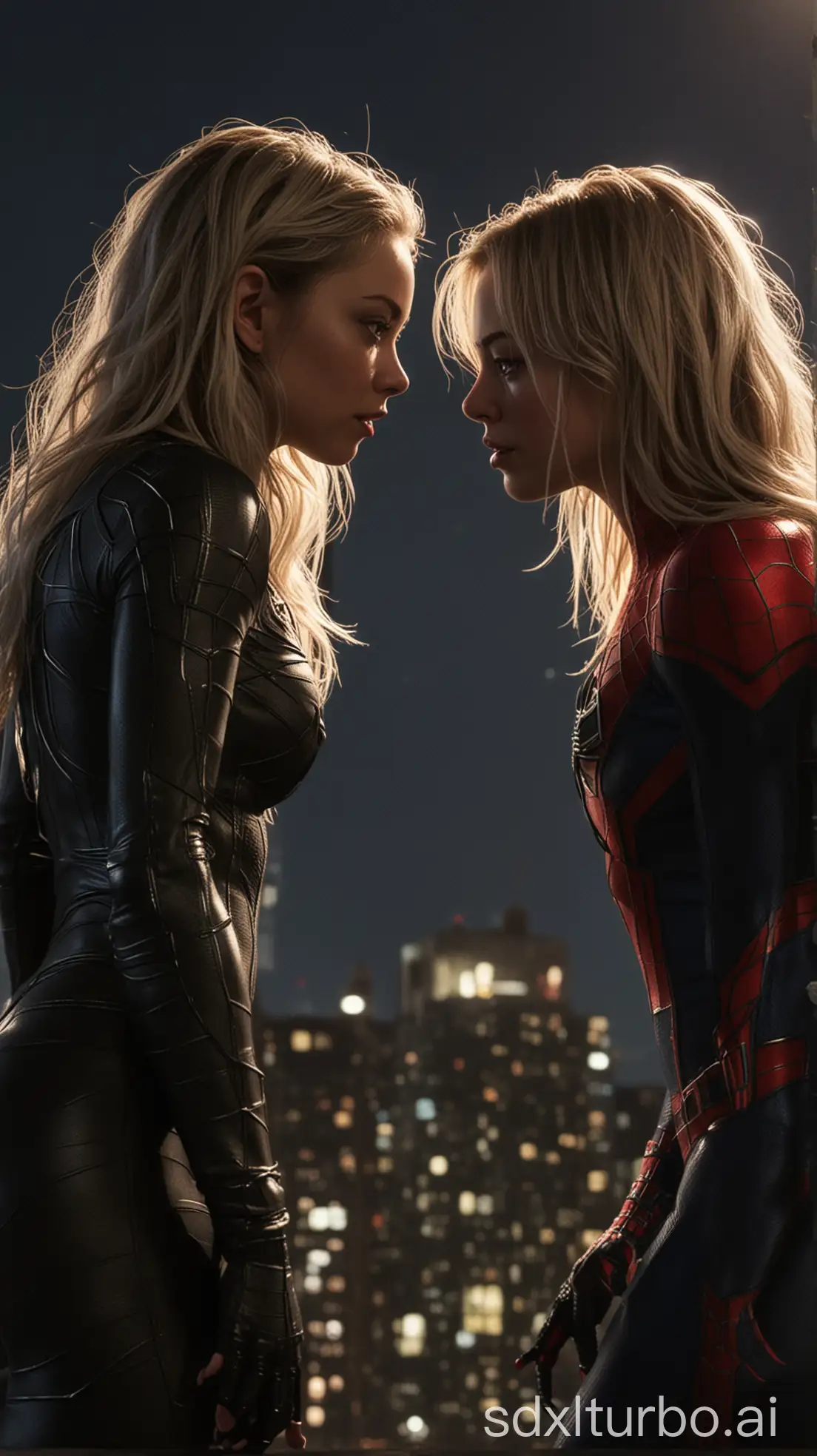 Sydney-Sweeney-and-SpiderMan-as-Black-Cat-Together-on-a-Nighttime-Urban-Rooftop