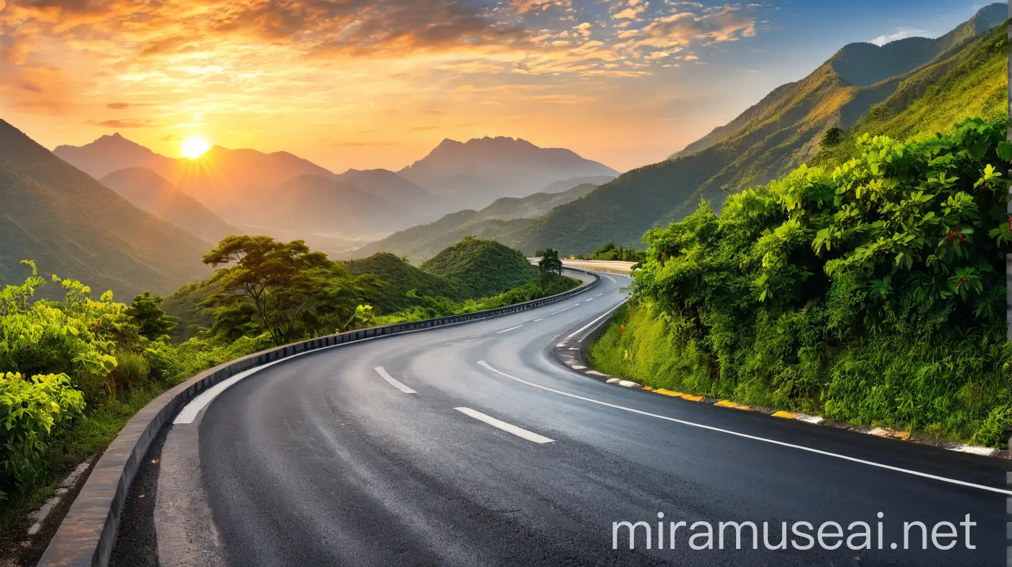 Panoramic Sunrise View of an Asphalt Highway Surrounded by Majestic Mountains