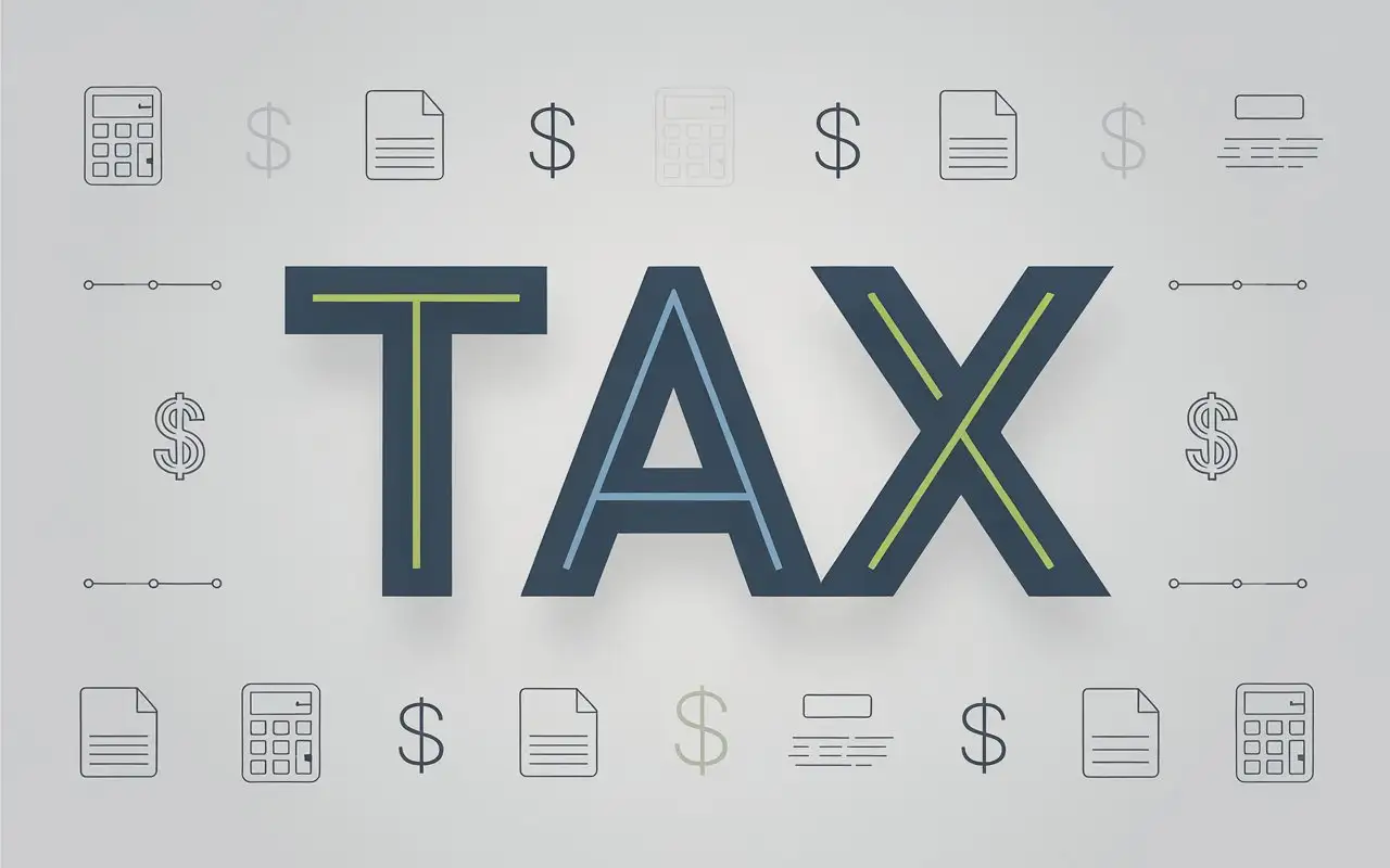 Tax text in clean sans-serif font with shades of blue and green, placed on a light gray background featuring simple calculator icons, document outlines, and dollar signs for a professional and minimalist look.