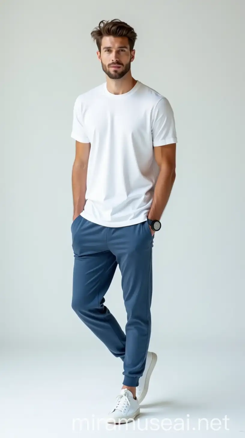 Stylish European Male Model in Blue Tailored Joggers and Boxed TShirt