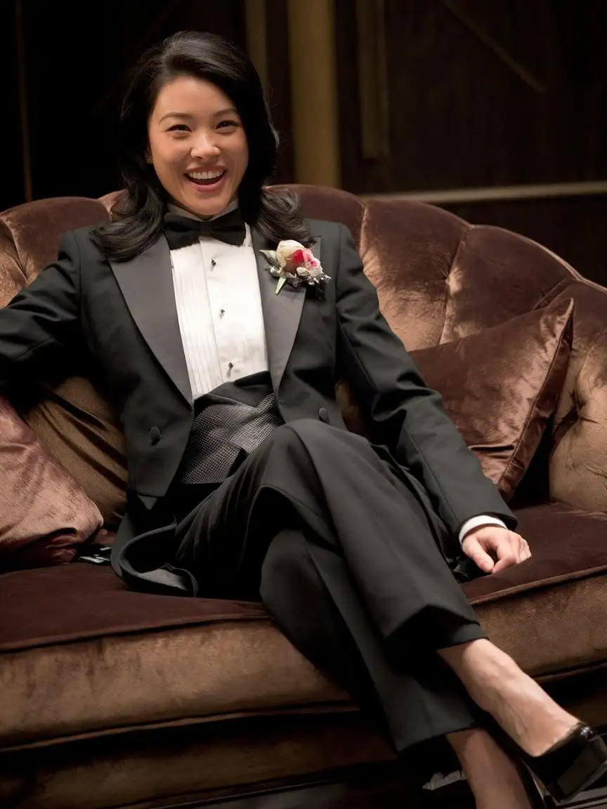 Widely smiling and sexy 35 year old Chinese woman with ebony black hair reaching below her shoulders, wearing a tuxedo with a corsage and black pants and a back bowtie and a black cummerbund, seated alone on a plush couch in a dark room.  She is facing forward and she is smiling.  Her white shirt has double french cuffs with gold cufflinks. Her hands are clasped between her knees.  Her high heels are black and shiny.