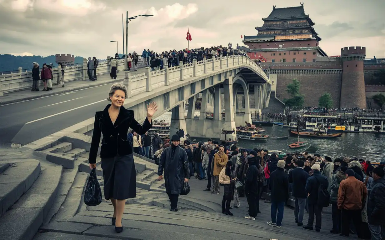 Middleaged-Woman-in-Black-Clothes-Walking-on-Qiaotoubao-Bridge