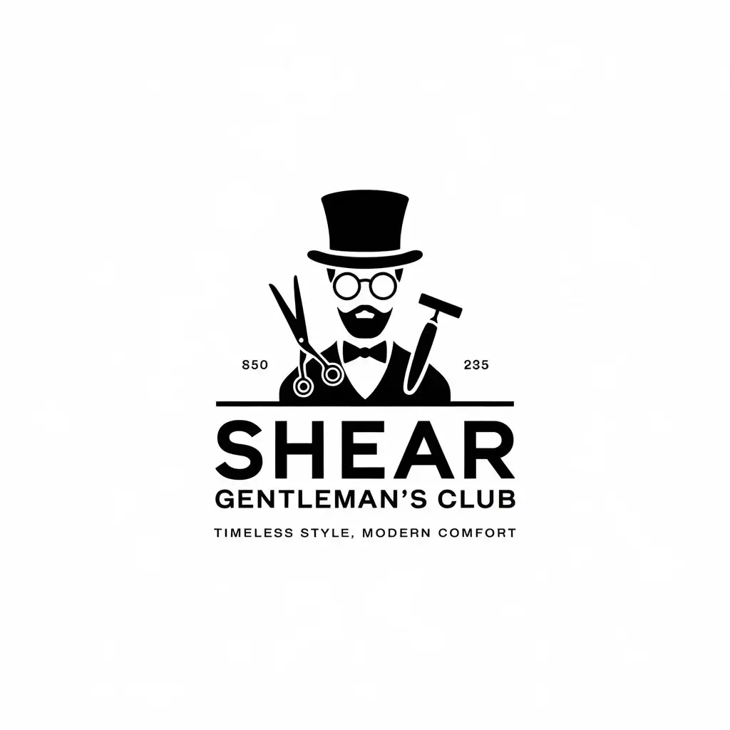 LOGO Design for Shear Gentlemans Club Vintage Barber Chair Gentleman with Round Glasses Top Hat Shears Razor Symbolism