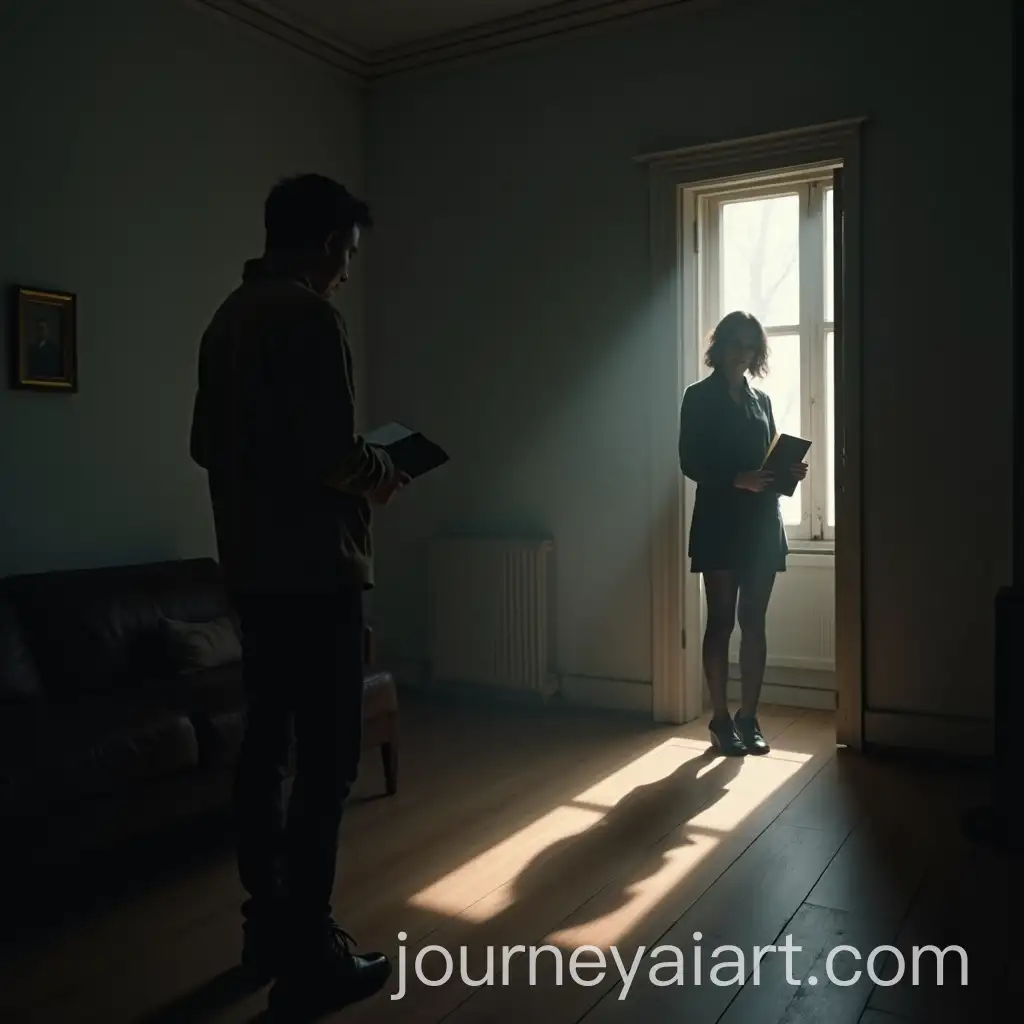 Person-Holding-Journal-in-Relief-in-Still-Room-Shadowy-Figure-Vanished