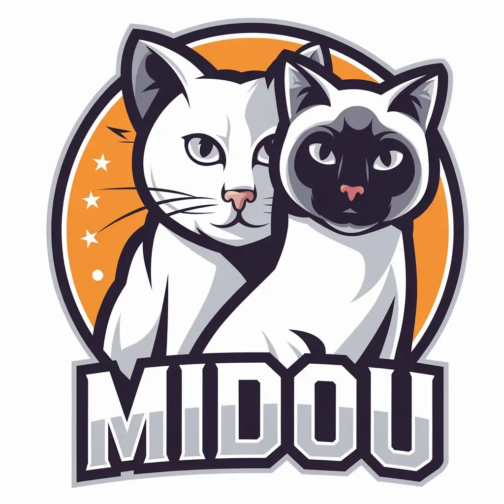 a vector logo design,with the text "MIDOU", main symbol:white cat and siamese cat,Moderate,be used in Internet industry,clear background